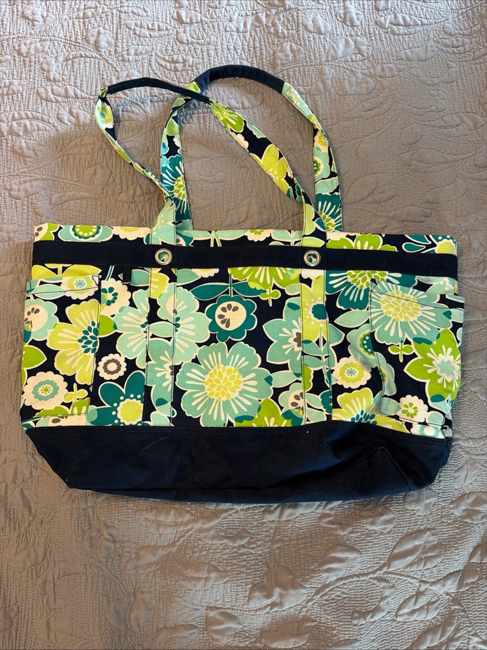 Thirty One Floral Canvas Tote in Black, Green and Aqua Floral Pattern